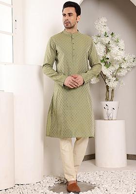 Green Textured Viscose Silk Kurta For Men