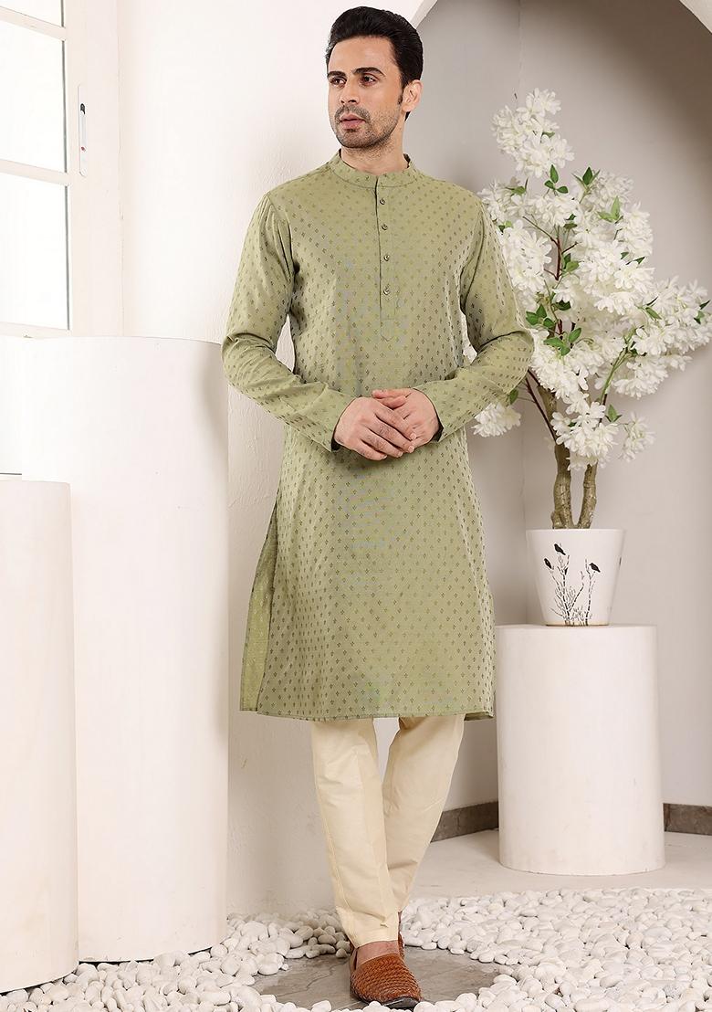 Green Textured Viscose Silk Kurta For Men