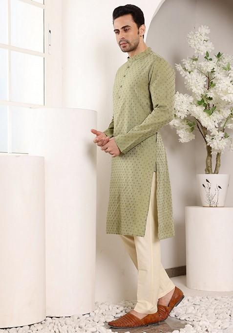 Green Textured Viscose Silk Kurta For Men