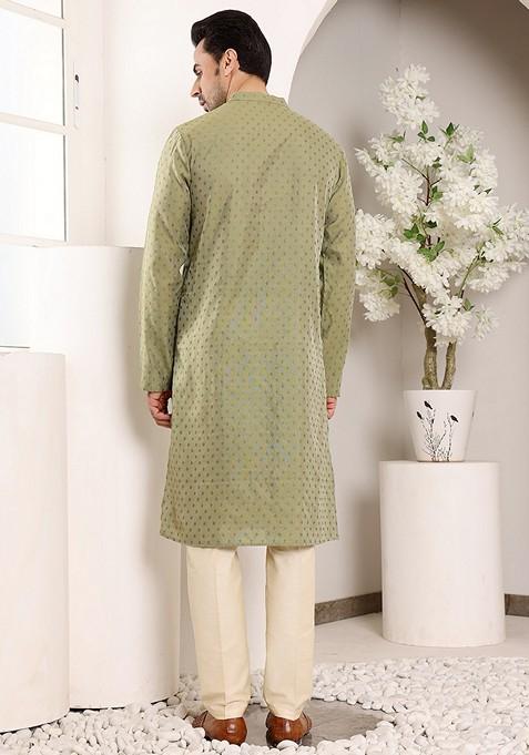 Green Textured Viscose Silk Kurta For Men