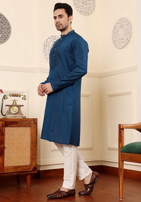 Blue Embellished Viscose Silk Kurta For Men