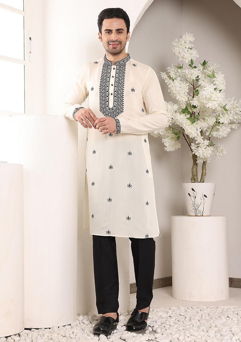 White Embellished Viscose Silk Kurta For Men