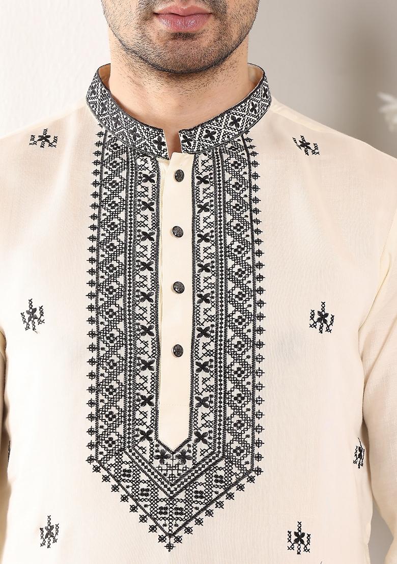 White Embellished Viscose Silk Kurta For Men