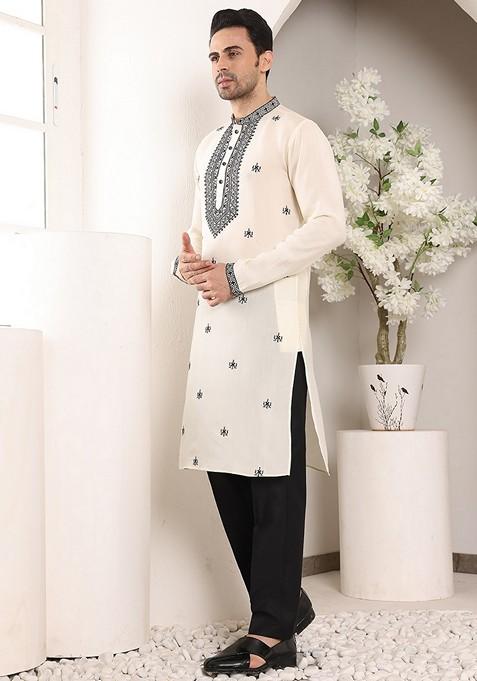 White Embellished Viscose Silk Kurta For Men