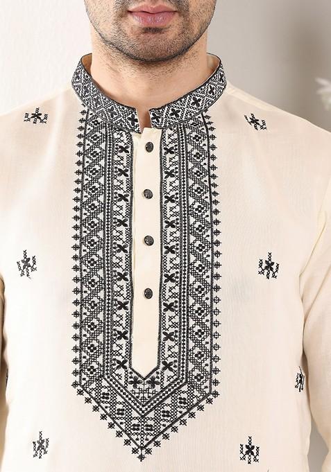 White Embellished Viscose Silk Kurta For Men