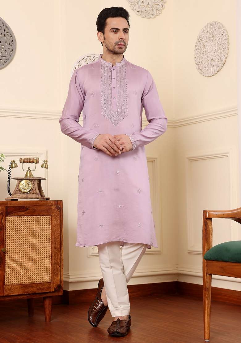 Light Purple Embellished Viscose Silk Kurta For Men - Indya