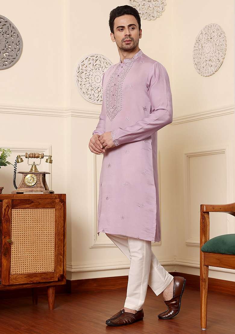 Light Purple Embellished Viscose Silk Kurta For Men - Indya