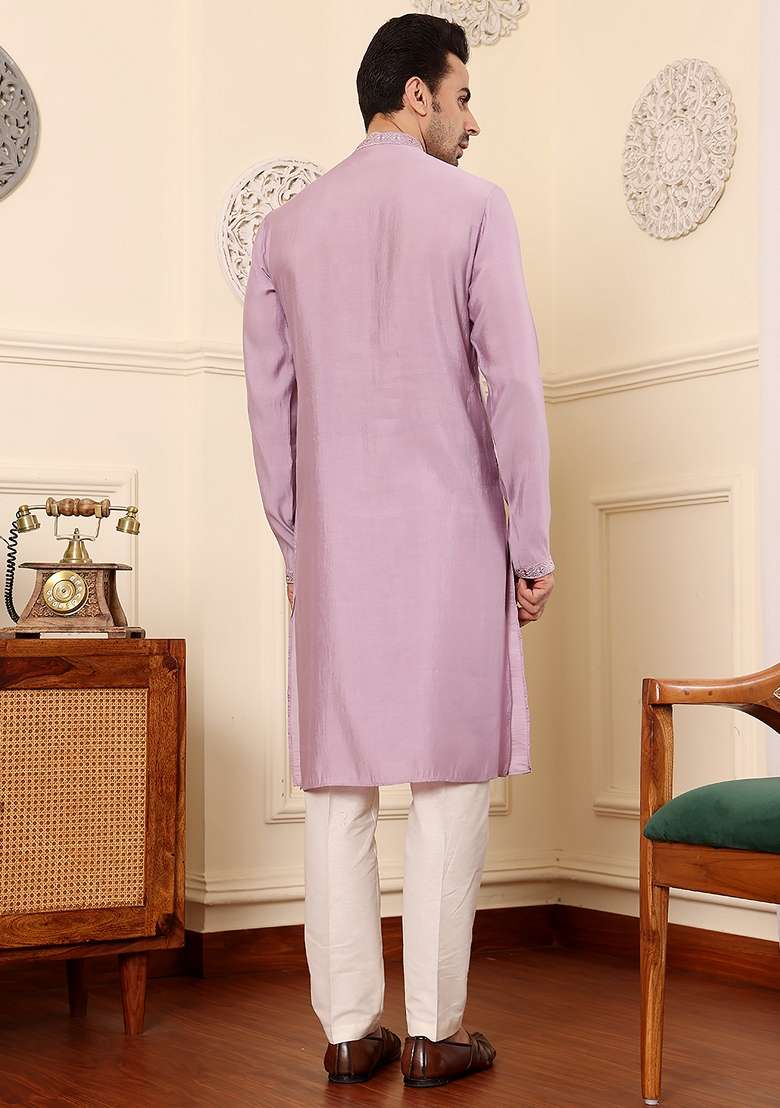 Light Purple Embellished Viscose Silk Kurta For Men - Indya