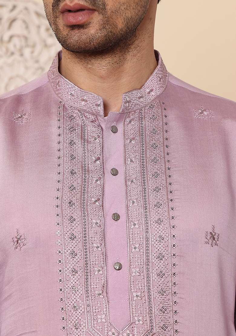 Light Purple Embellished Viscose Silk Kurta For Men - Indya