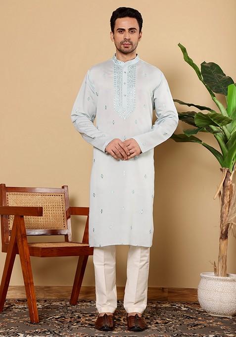 Light Blue Embellished Viscose Silk Blend Kurta For Men