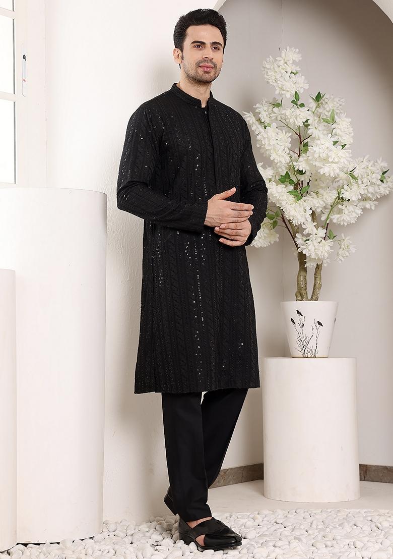 Black Embellished Viscose Silk Kurta For Men