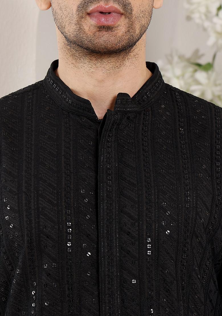 Black Embellished Viscose Silk Kurta For Men
