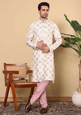 Cream Embellished Viscose Dupion Silk Kurta For Men
