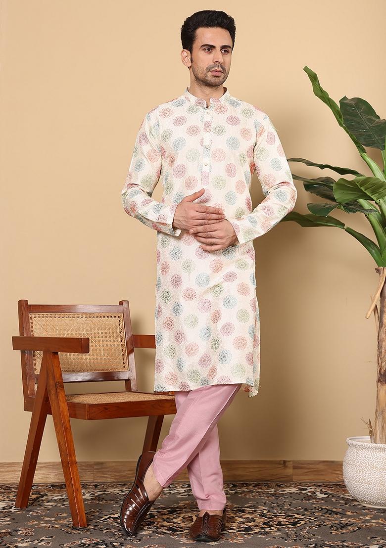 Cream Embellished Viscose Dupion Silk Kurta For Men