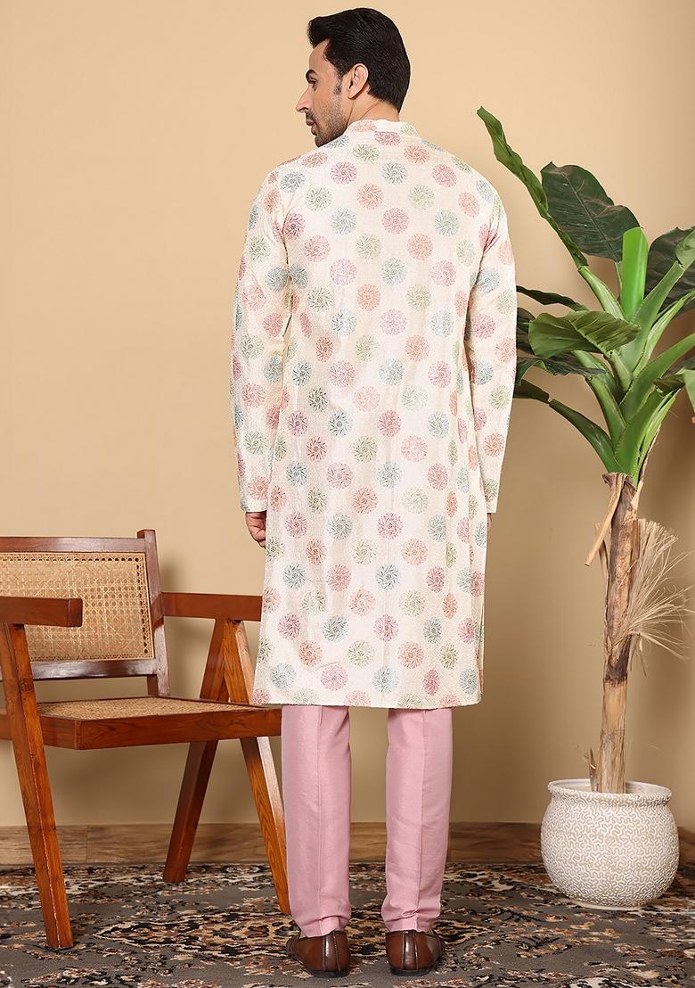Cream Embellished Viscose Dupion Silk Kurta For Men