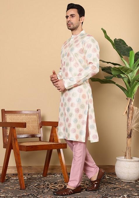 Cream Embellished Viscose Dupion Silk Kurta For Men