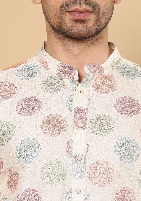 Cream Embellished Viscose Dupion Silk Kurta For Men
