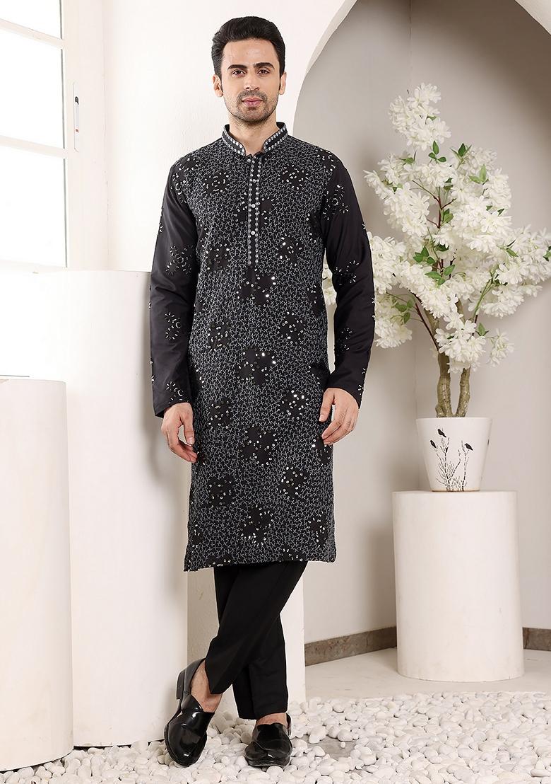 Black Embellished Rayon Silk Kurta For Men