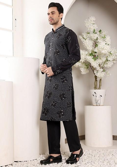 Black Embellished Rayon Silk Kurta For Men