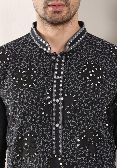 Black Embellished Rayon Silk Kurta For Men