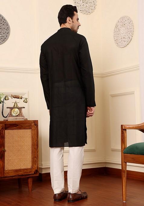 Black Embellished Viscose Silk Kurta For Men
