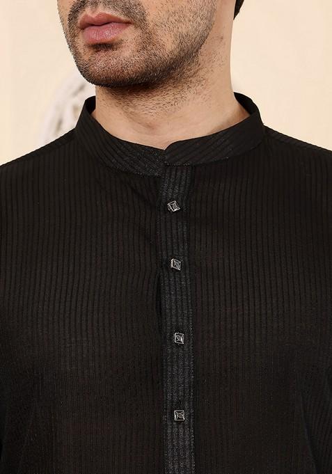 Black Embellished Viscose Silk Kurta For Men