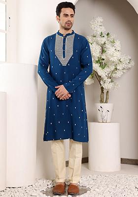 Black Embellished Viscose Silk Kurta For Men