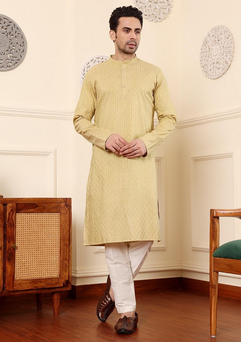 Yellow Embroidered Rayon Silk Kurta For Men