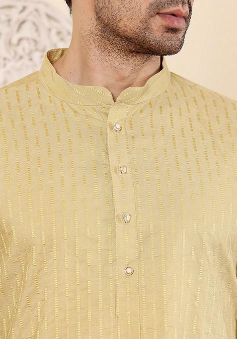 Yellow Embroidered Rayon Silk Kurta For Men