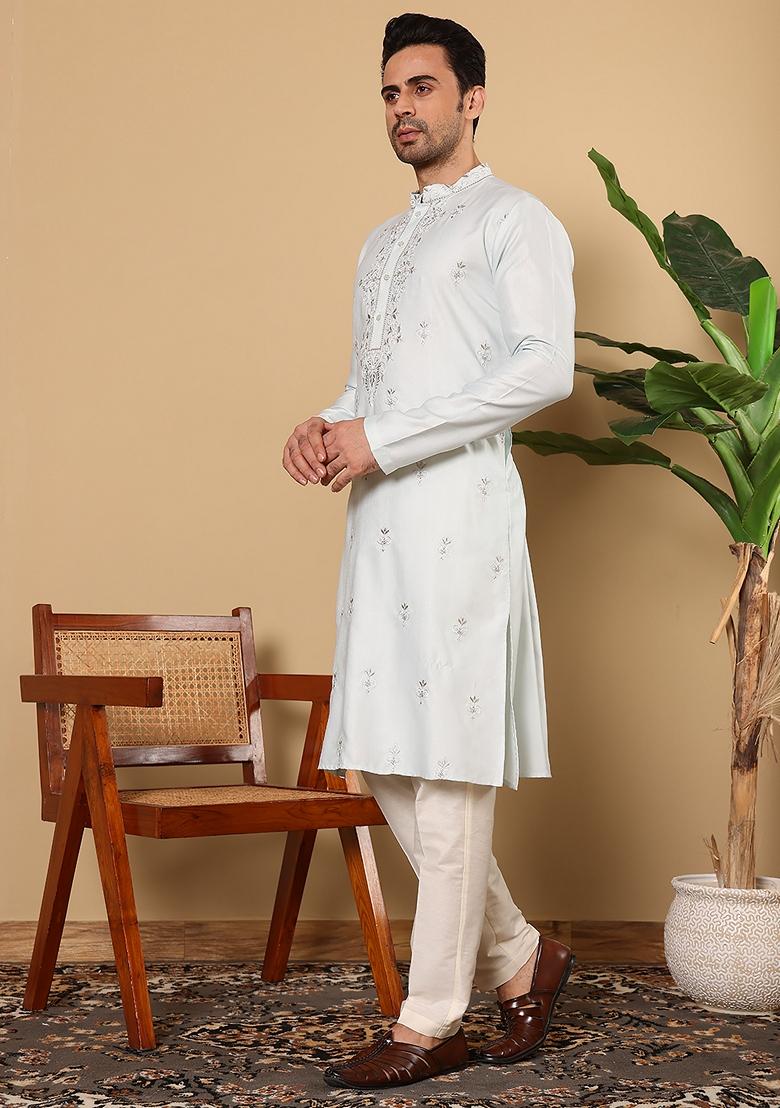 Light Blue Embellished Viscose Silk Kurta For Men