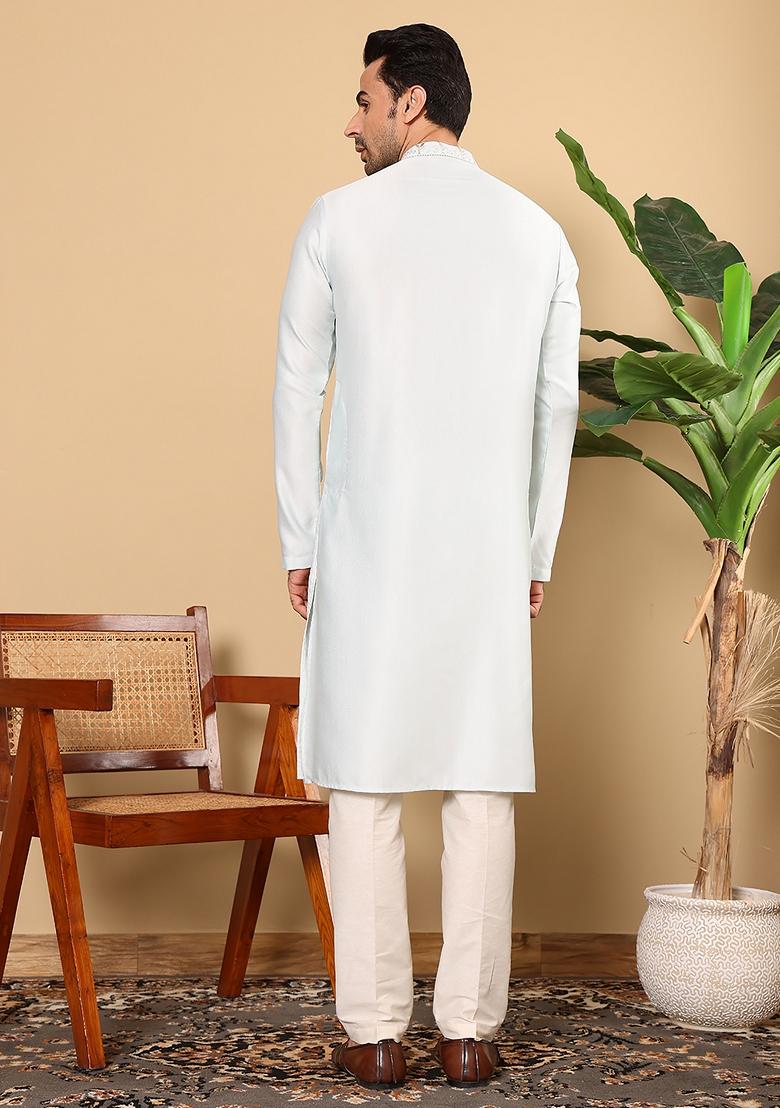 Light Blue Embellished Viscose Silk Kurta For Men