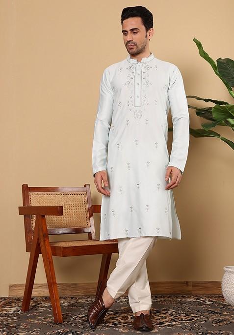 Light Blue Embellished Viscose Silk Kurta For Men