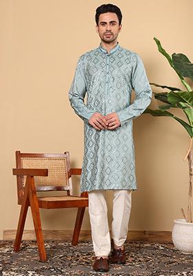 Blue Embellished Viscose Silk Kurta For Men