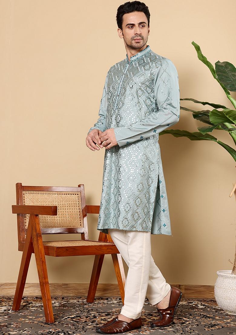 Blue Embellished Viscose Silk Kurta For Men