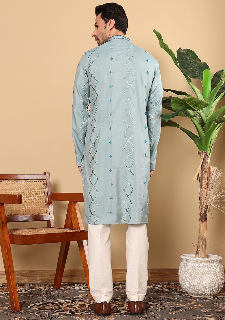 Blue Embellished Viscose Silk Kurta For Men