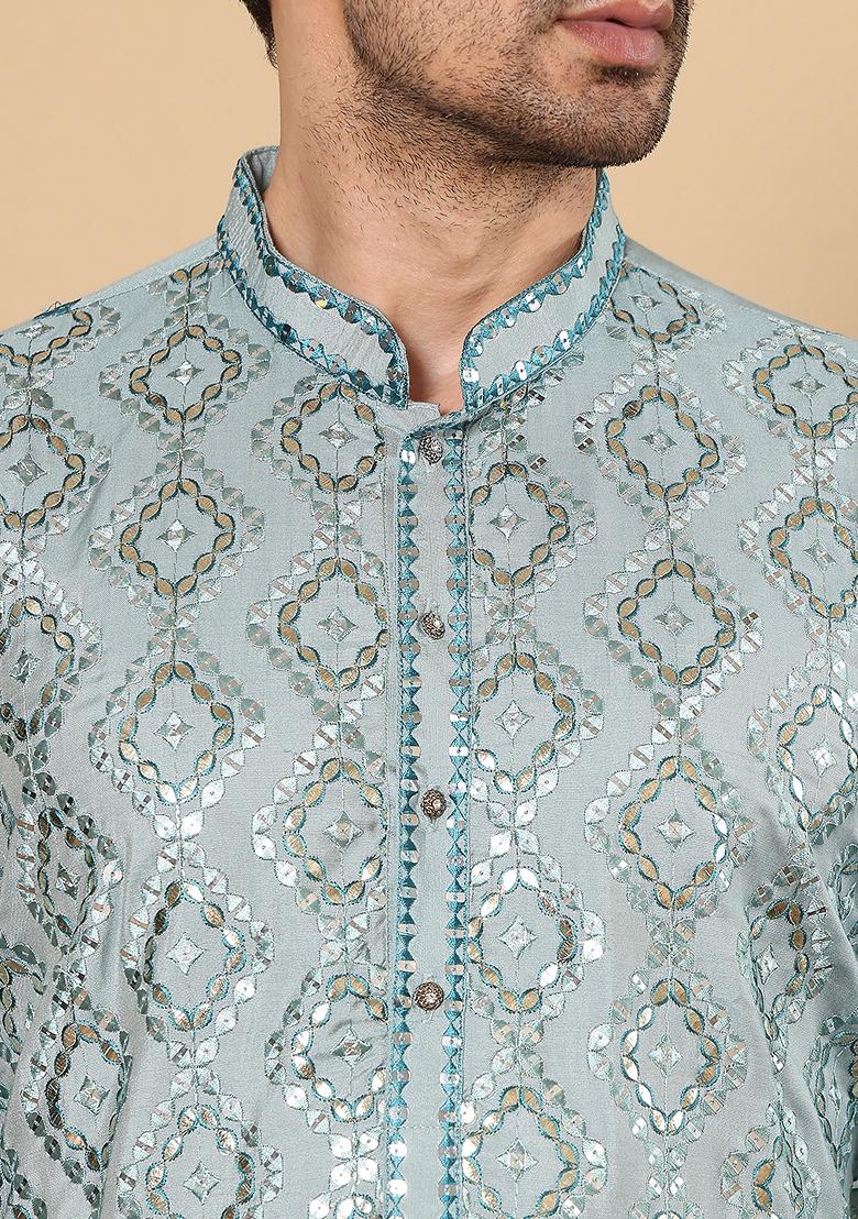Blue Embellished Viscose Silk Kurta For Men