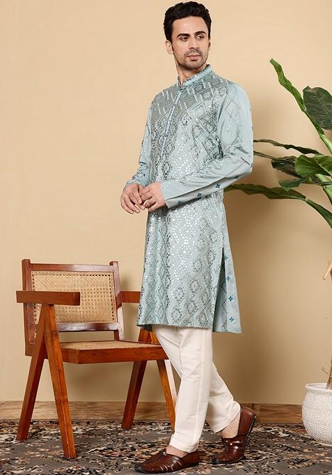 Blue Embellished Viscose Silk Kurta For Men