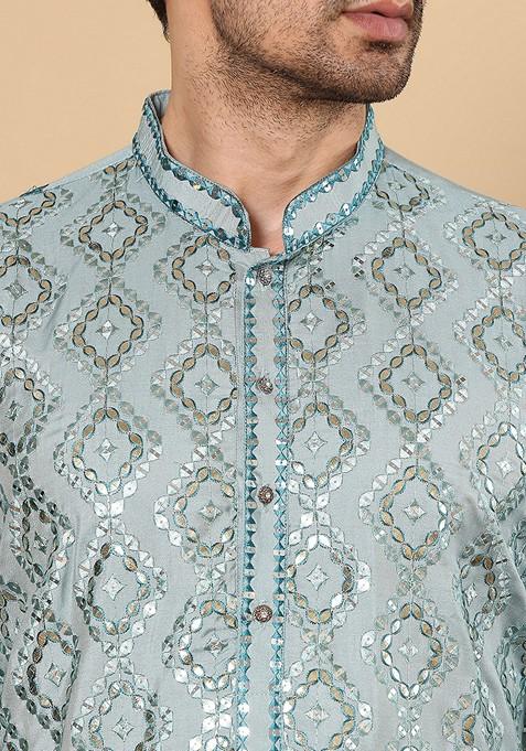 Blue Embellished Viscose Silk Kurta For Men