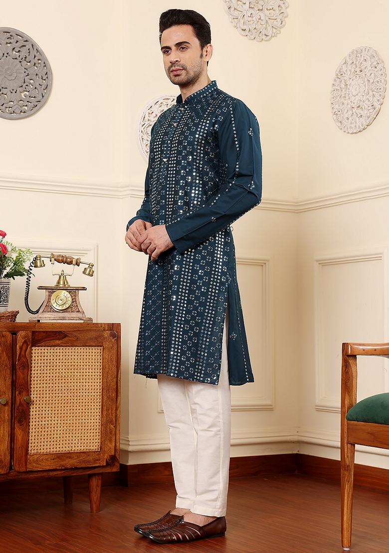 Dark Blue Embellished Viscose Silk Kurta For Men