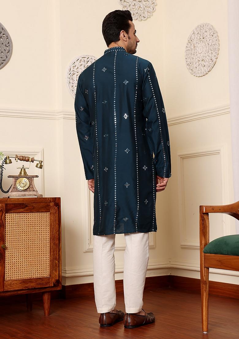 Dark Blue Embellished Viscose Silk Kurta For Men