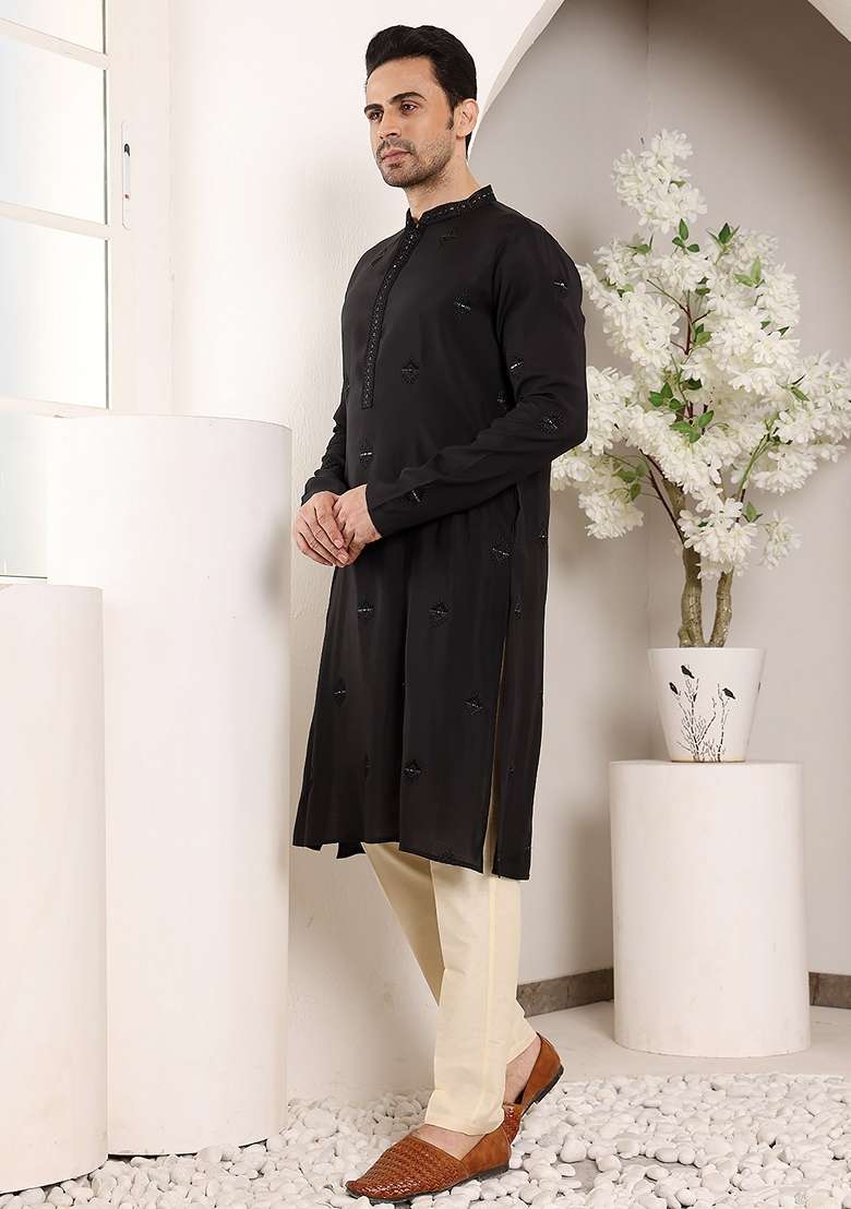 Black Embellished Viscose Silk Blend Kurta For Men - Indya