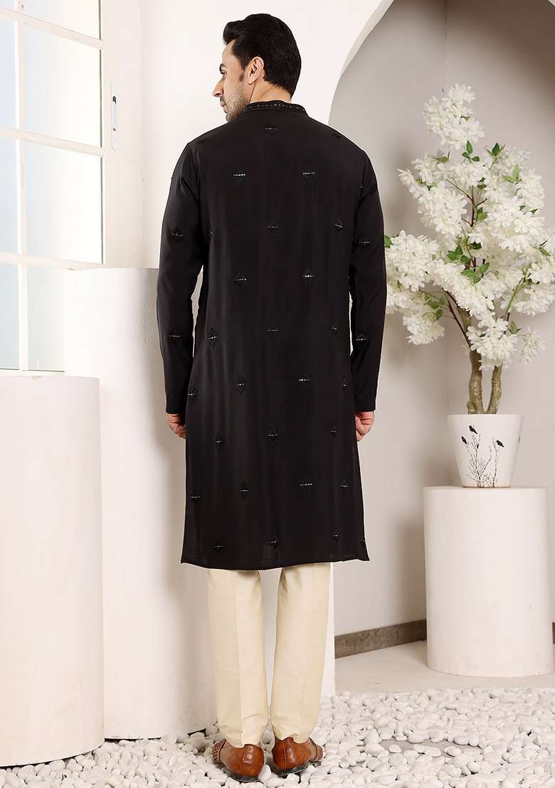 Black Embellished Viscose Silk Blend Kurta For Men - Indya