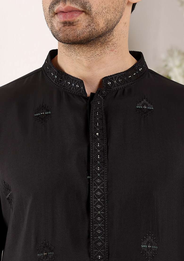 Black Embellished Viscose Silk Blend Kurta For Men - Indya