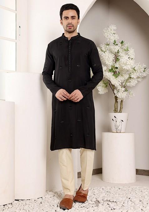 Black Embellished Viscose Silk Kurta For Men