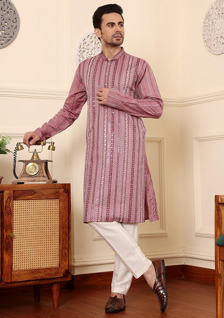 Pink Embellished Viscose Silk Kurta For Men