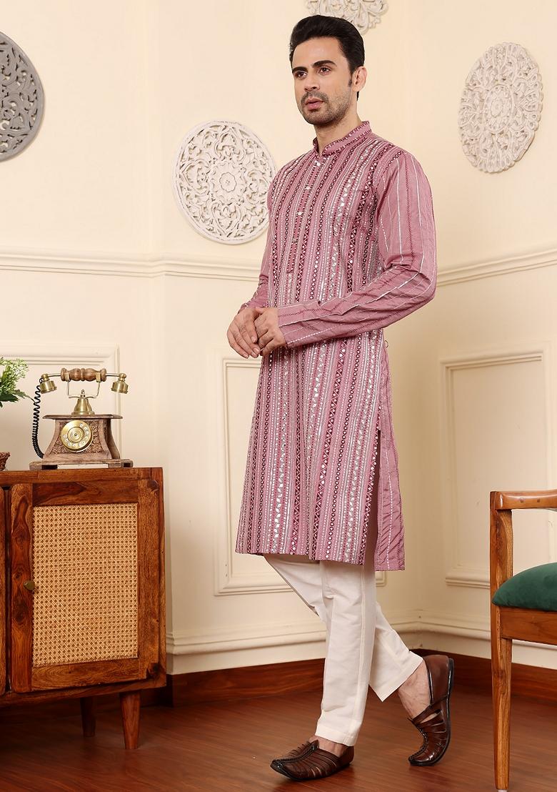 Pink Embellished Viscose Silk Kurta For Men