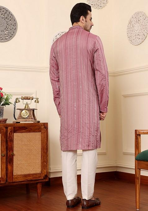 Pink Embellished Viscose Silk Kurta For Men