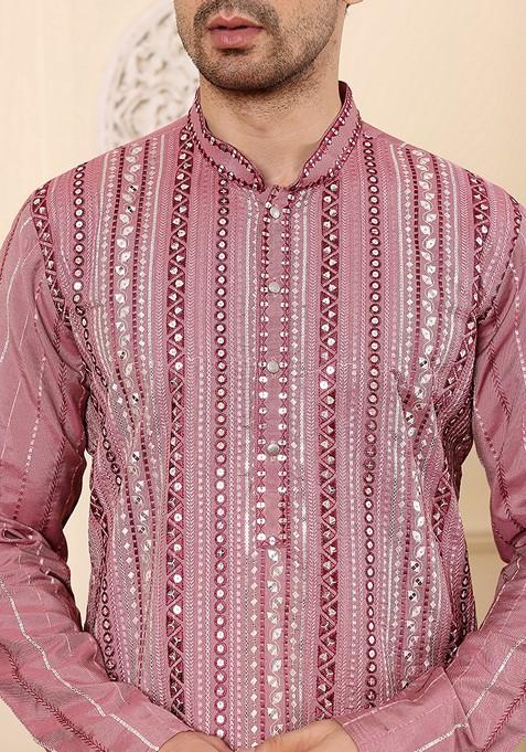 Pink Embellished Viscose Silk Kurta For Men