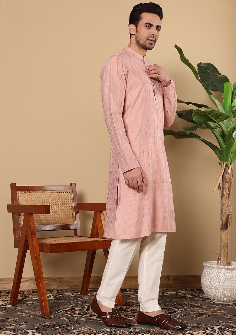 Pink Textured Viscose Silk Kurta For Men
