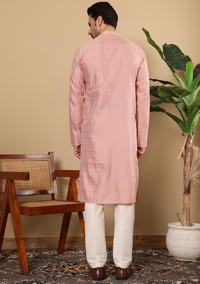 Pink Textured Viscose Silk Kurta For Men